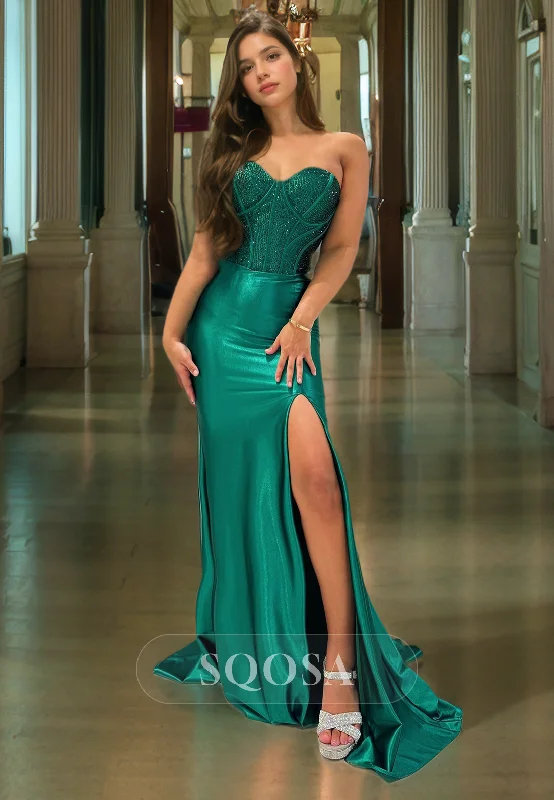 Sweetheart Sleeveless Mermaid PartyDress with Train Beaded Satin Slit Prom Dress