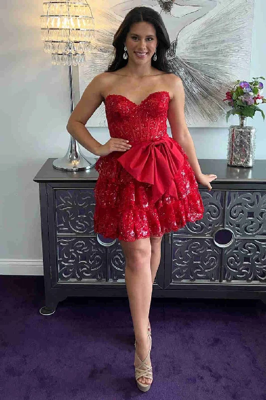 Red Corset Sequin Appliques Short Party Dress with Bow