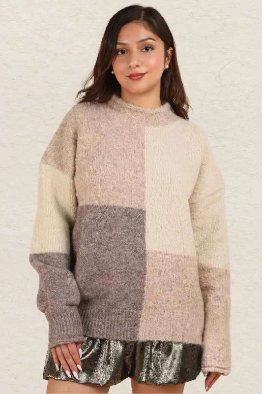 Color Block Mock Neck Sweater - Cream